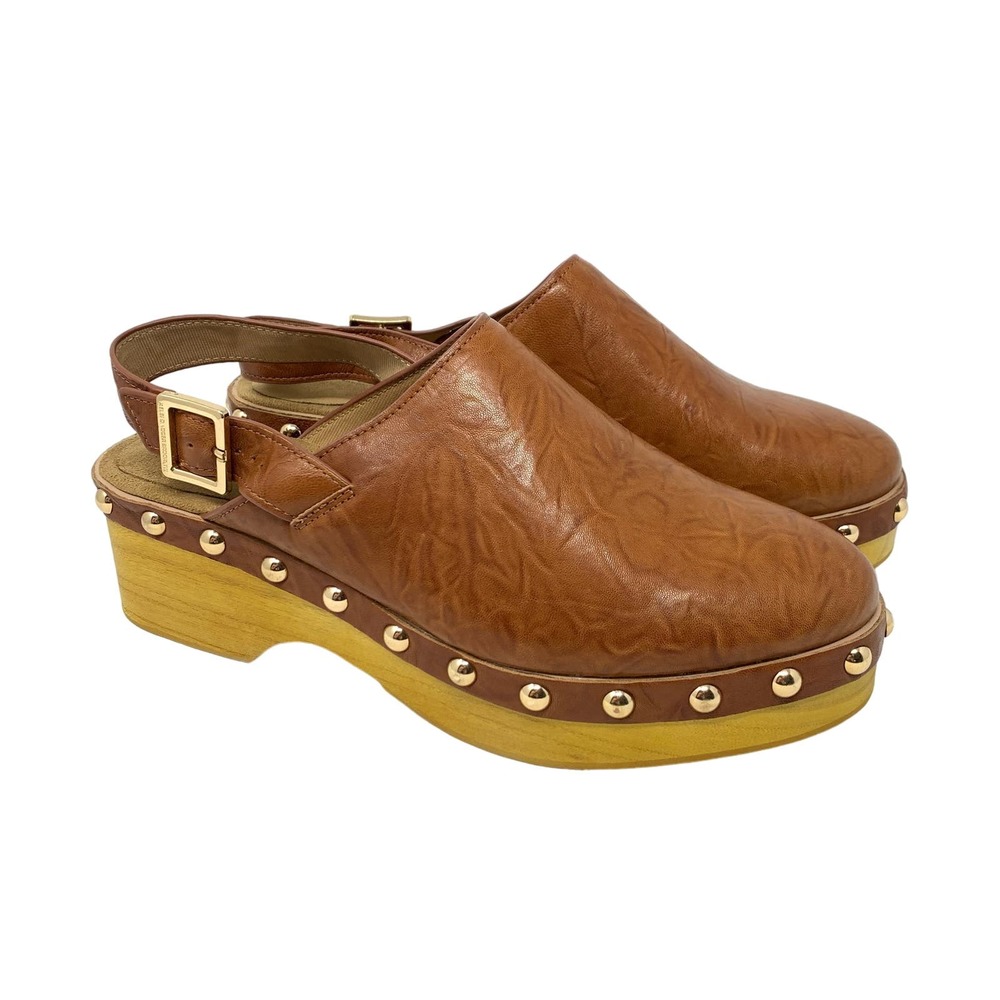 Kelsi Dagger Warehouse Peanut Tan Brown Leather Slingback Wooden Clogs Size 9